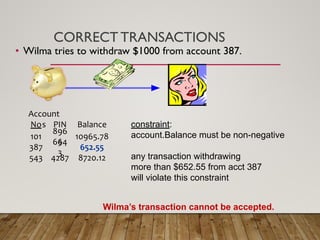 CORRECT TRANSACTIONS
• Wilma tries to withdraw $1000 from account 387.
constraint:
account.Balance must be non-negative
any transaction withdrawing
more than $652.55 from acct 387
will violate this constraint
No PIN Balance
Account
s
101
896
5
10965.78
387
664
3
652.55
543 4287 8720.12
Wilma’s transaction cannot be accepted.
 