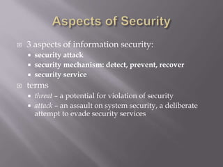  3 aspects of information security:
 security attack
 security mechanism: detect, prevent, recover
 security service
 terms
 threat – a potential for violation of security
 attack – an assault on system security, a deliberate
attempt to evade security services
 
