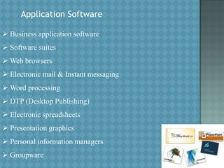 Application Software
 Business application software
 Software suites

 Web browsers
 Electronic mail & Instant messaging
 Word processing

 DTP (Desktop Publishing)
 Electronic spreadsheets
 Presentation graphics
 Personal information managers
 Groupware

 