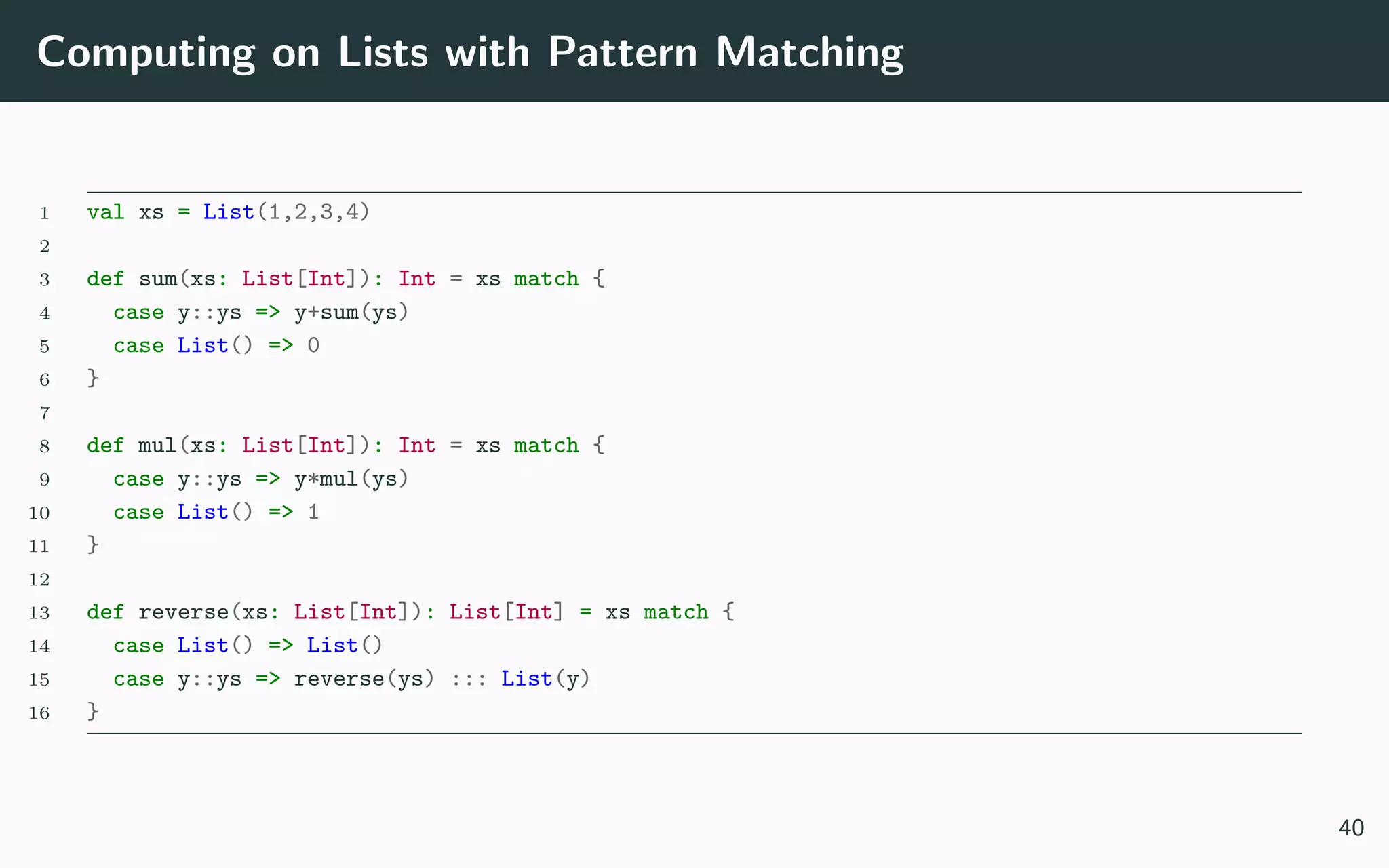 Computing on Lists with Pattern Matching
1 val xs = List(1,2,3,4)
2
3 def sum(xs: List[Int]): Int = xs match {
4 case y::ys => y+sum(ys)
5 case List() => 0
6 }
7
8 def mul(xs: List[Int]): Int = xs match {
9 case y::ys => y*mul(ys)
10 case List() => 1
11 }
12
13 def reverse(xs: List[Int]): List[Int] = xs match {
14 case List() => List()
15 case y::ys => reverse(ys) ::: List(y)
16 }
40
 