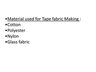 •Material used for Tape fabric Making :
•Cotton
•Polyester
•Nylon
•Glass fabric