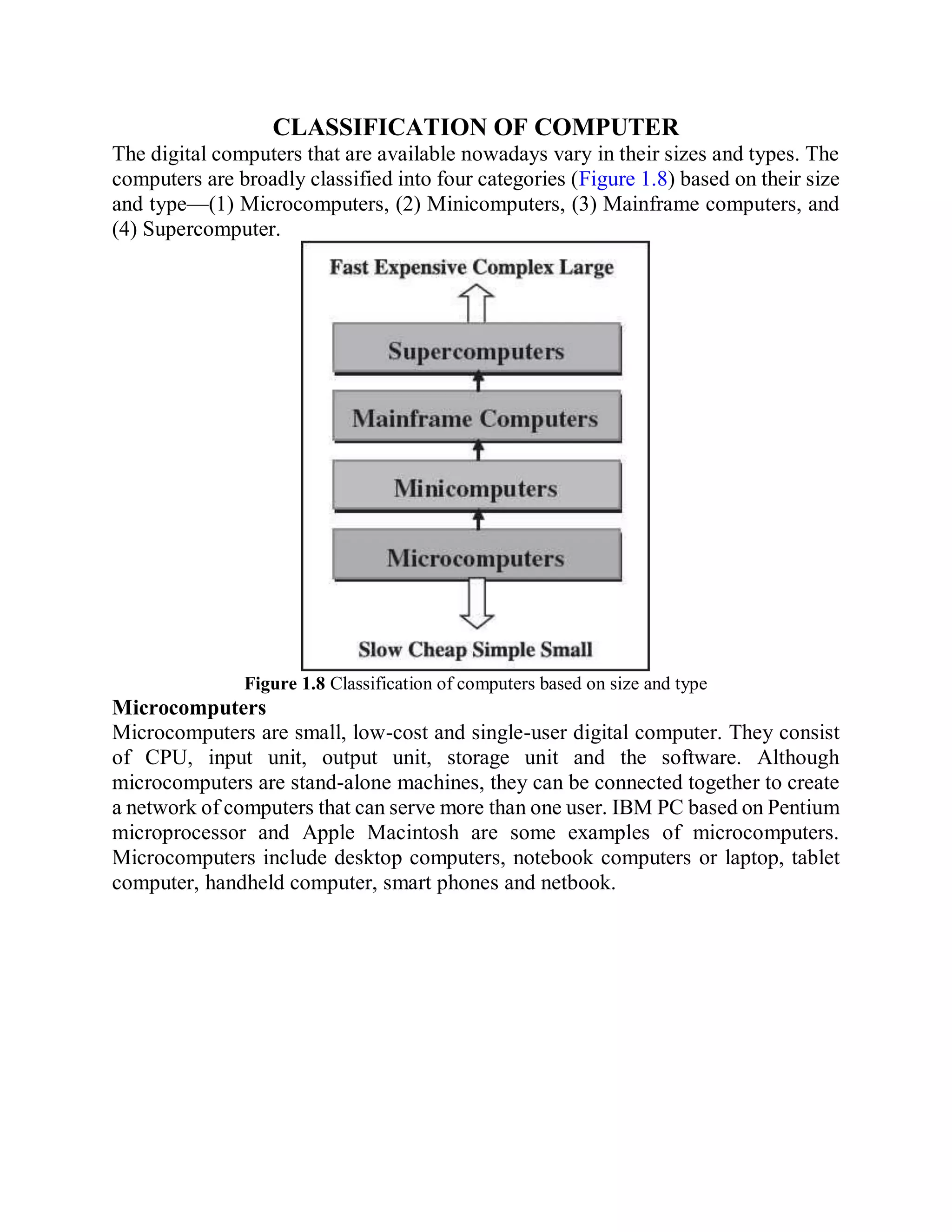 CLASSIFICATION OF COMPUTER
The digital computers that are available nowadays vary in their sizes and types. The
computers are broadly classified into four categories (Figure 1.8) based on their size
and type—(1) Microcomputers, (2) Minicomputers, (3) Mainframe computers, and
(4) Supercomputer.
Figure 1.8 Classification of computers based on size and type
Microcomputers
Microcomputers are small, low-cost and single-user digital computer. They consist
of CPU, input unit, output unit, storage unit and the software. Although
microcomputers are stand-alone machines, they can be connected together to create
a network of computers that can serve more than one user. IBM PC based on Pentium
microprocessor and Apple Macintosh are some examples of microcomputers.
Microcomputers include desktop computers, notebook computers or laptop, tablet
computer, handheld computer, smart phones and netbook.
 