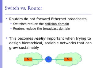 Switch vs. Router
 Routers do not forward Ethernet broadcasts.
 Switches reduce the collision domain
 Routers reduce the broadcast domain
 This becomes really important when trying to
design hierarchical, scalable networks that can
grow sustainably
SS RR SS
 