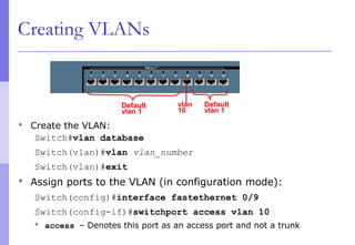 Creating VLANs
 Create the VLAN:
Switch#vlan database
Switch(vlan)#vlan vlan_number
Switch(vlan)#exit
 Assign ports to the VLAN (in configuration mode):
Switch(config)#interface fastethernet 0/9
Switch(config-if)#switchport access vlan 10
 access – Denotes this port as an access port and not a trunk
vlan
10
Default
vlan 1
Default
vlan 1
 