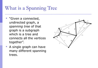 What is a Spanning Tree
 “Given a connected,
undirected graph, a
spanning tree of that
graph is a subgraph
which is a tree and
connects all the vertices
together”.
 A single graph can have
many different spanning
trees.
 