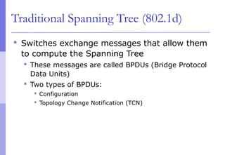 Traditional Spanning Tree (802.1d)
 Switches exchange messages that allow them
to compute the Spanning Tree
 These messages are called BPDUs (Bridge Protocol
Data Units)
 Two types of BPDUs:
 Configuration
 Topology Change Notification (TCN)
 