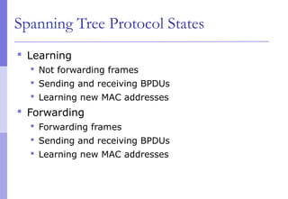 Spanning Tree Protocol States
 Learning
 Not forwarding frames
 Sending and receiving BPDUs
 Learning new MAC addresses
 Forwarding
 Forwarding frames
 Sending and receiving BPDUs
 Learning new MAC addresses
 