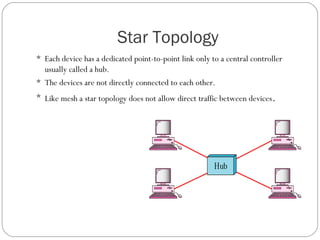 Star Topology
 Each device has a dedicated point-to-point link only to a central controller
usually called a hub.
 The devices are not directly connected to each other.
 Like mesh a star topology does not allow direct traffic between devices.
 