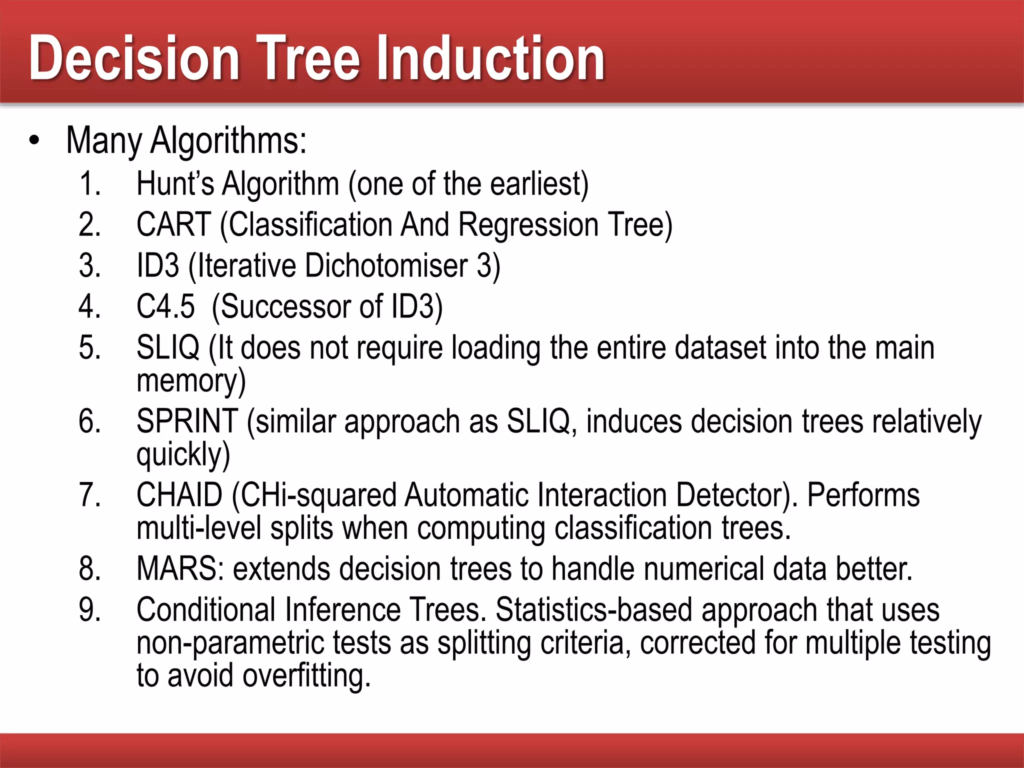 Decision Tree Induction
• Many Algorithms:
1. Hunt’s Algorithm (one of the earliest)
2. CART (Classification And Regression Tree)
3. ID3 (Iterative Dichotomiser 3)
4. C4.5 (Successor of ID3)
5. SLIQ (It does not require loading the entire dataset into the main
memory)
6. SPRINT (similar approach as SLIQ, induces decision trees relatively
quickly)
7. CHAID (CHi-squared Automatic Interaction Detector). Performs
multi-level splits when computing classification trees.
8. MARS: extends decision trees to handle numerical data better.
9. Conditional Inference Trees. Statistics-based approach that uses
non-parametric tests as splitting criteria, corrected for multiple testing
to avoid overfitting.
 