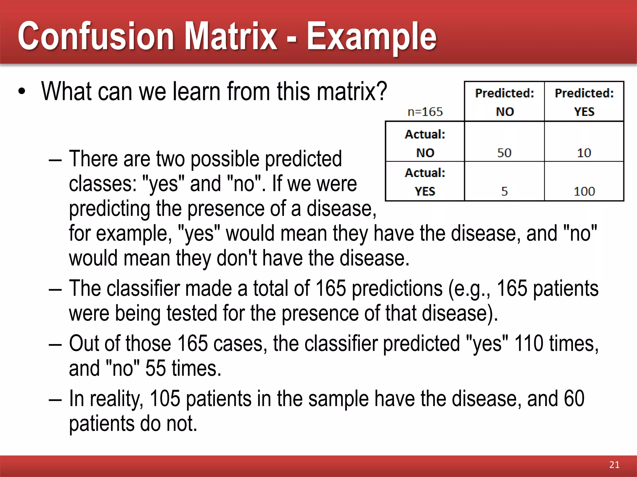 Confusion Matrix - Example
• What can we learn from this matrix?
– There are two possible predicted
classes: "yes" and "no". If we were
predicting the presence of a disease,
for example, "yes" would mean they have the disease, and "no"
would mean they don't have the disease.
– The classifier made a total of 165 predictions (e.g., 165 patients
were being tested for the presence of that disease).
– Out of those 165 cases, the classifier predicted "yes" 110 times,
and "no" 55 times.
– In reality, 105 patients in the sample have the disease, and 60
patients do not.
21
 