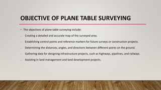OBJECTIVE OF PLANE TABLE SURVEYING
• The objectives of plane table surveying include:
o Creating a detailed and accurate map of the surveyed area.
o Establishing control points and reference markers for future surveys or construction projects.
o Determining the distances, angles, and directions between different points on the ground.
o Gathering data for designing infrastructure projects, such as highways, pipelines, and railways.
o Assisting in land management and land development projects.
 