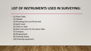 LIST OF INSTRUMENTS USED IN SURVEYING:
• (1) Plane Table
(2) Alidade
(3) Plumbing fork and Plumb bob
(4) Spirit Level
(5) Chain or Tape
(6) Rain roof cover for the plane table
(7) Compass
(8) Ranging Rods
(9) Drawing Sheets
(10) Drawing equipment.
 