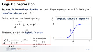 Logistic regression
Purpose: Estimate the probability that a set of input regressors 𝝋 ∈ ℝ𝑑×1 belong to
one of two classes 𝑦 ∈ 0, 1
Logistic function (Sigmoid)
Define the linear combination quantity
𝑑–1
𝑎 = I 𝜑𝑖 ⋅ 𝜃𝑖 = 𝝋𝖳 ⋅
𝜽
𝑖=0
The formula 𝑠 𝑎 is the logistic function
𝑠
𝑎
1 𝑒𝑎
=
1 + 𝑒– 𝑎 =
1
+ 𝑒𝑎
• 𝑎 ≫ 0 ⇒ 𝑠 𝑎
= 1
• 𝑎 ≪ 0 ⇒ 𝑠 𝑎
= 0
0.
5
14 /33
0
 
