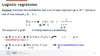 Logistic regression
Purpose: Estimate the probability that a set of input regressors 𝝋 ∈ ℝ𝑑×1 belong to
one of two classes 𝑦 ∈ 0, 1
𝑃 𝑦 = 1 𝝋 = 𝑠 𝑎
= 𝑠 𝝋𝖳𝜽 =
1
1 + 𝑒–
𝝋𝖳 𝜽
• 𝝋𝖳𝜽 ≪ 0 ⇒ 𝑠 𝝋𝖳𝜽≪ 0.5 ⇒ 𝑃 𝑦 =
1 𝝋 ≈ 0
The output of 𝑠 𝝋𝖳𝜽 is interpreted as a probability
• 𝝋𝖳𝜽 ≫ 0 ⇒ 𝑠 𝝋𝖳𝜽 ≫ 0.5 ⇒ 𝑃 𝑦 = 1 𝝋 ≈ 1 𝝋 is
classified to class 1
𝝋 is classified to class
0
15 /33
 
