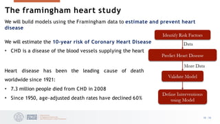 The framingham heart study
We will build models using the Framingham data to estimate and prevent heart
disease
We will estimate the 10-year risk of Coronary Heart Disease
• CHD is a disease of the blood vessels supplying the heart
Heart disease has been the leading cause of death
worldwide since 1921:
• 7.3 million people died from CHD in 2008
• Since 1950, age-adjusted death rates have declined 60%
30 /33
 