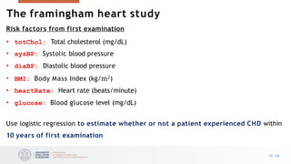 The framingham heart study
32 /33
Risk factors from first examination
• totChol: Total cholesterol (mg/dL)
• sysBP: Systolic blood pressure
• diaBP: Diastolic blood pressure
• BMI: Body Mass Index (kg/m2)
• heartRate: Heart rate (beats/minute)
• glucose: Blood glucose level (mg/dL)
Use logistic regression to estimate whether or not a patient experienced CHD within
10 years of first examination
 