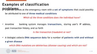 Examples of classification
problems
6 /33
• A person arrives at the emergency room with a set of symptoms that could possibly
be attributed to one of three medical conditions
Which of the three conditions does the individual have?
• Anonline banking system manages transactions, storing user’s IP address,
past transaction history, and so forth
Is the transaction fraudulent or not?
• A biologist collects DNA sequence data for a number of patients with and without
a given disease
which DNA mutations are deleterious (disease-causing) and which are not?
 