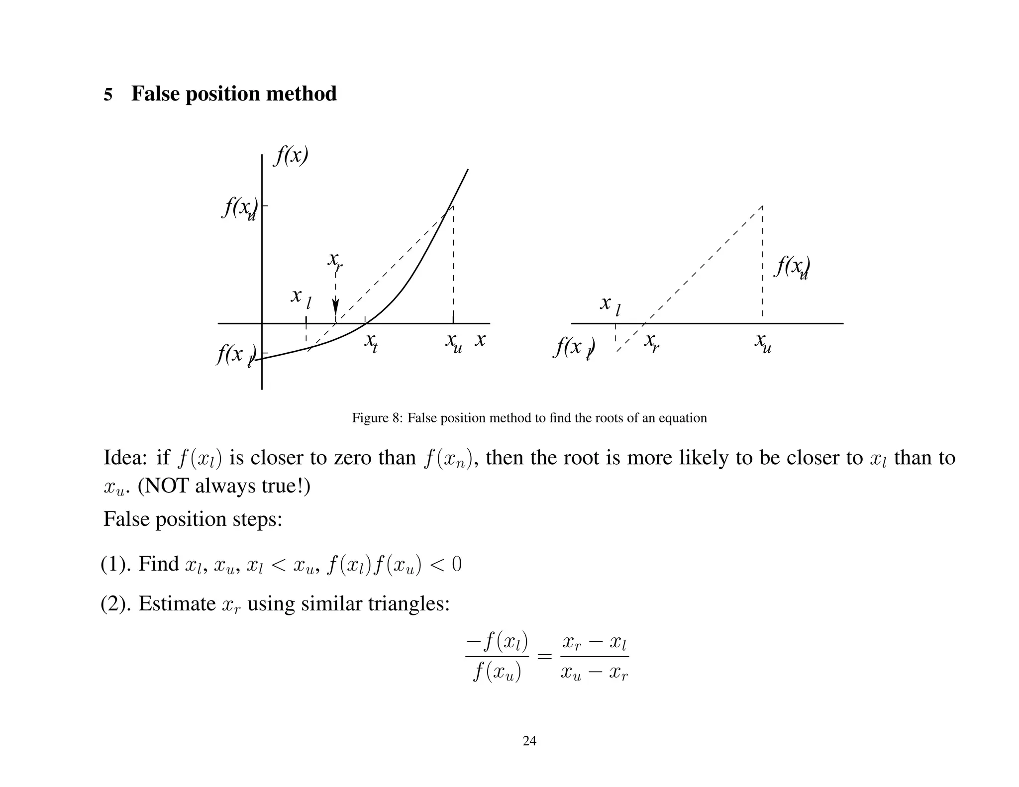 5 False position method
f( )
x
xr xuxu
lx
xr
xuf( )
lxf( )
x
f(x)
xt lx
xu
f( )
l
Figure 8: False position method to ﬁnd the roots of an equation
Idea: if f(xl) is closer to zero than f(xn), then the root is more likely to be closer to xl than to
xu. (NOT always true!)
False position steps:
(1). Find xl, xu, xl < xu, f(xl)f(xu) < 0
(2). Estimate xr using similar triangles:
−f(xl)
f(xu)
=
xr − xl
xu − xr
24
 
