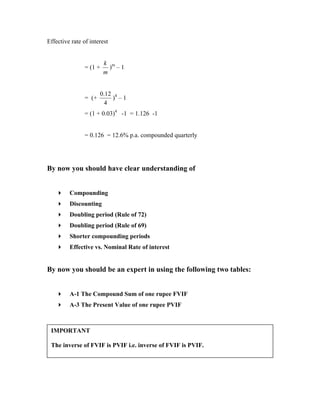 Effective rate of interest


                         k m
                = (1 +     ) –1
                         m


                       0.12 4
                = (+       ) –1
                         4
                = (1 + 0.03)4 -1 = 1.126 -1


                = 0.126 = 12.6% p.a. compounded quarterly




By now you should have clear understanding of


         Compounding
         Discounting
         Doubling period (Rule of 72)
         Doubling period (Rule of 69)
         Shorter compounding periods
         Effective vs. Nominal Rate of interest


By now you should be an expert in using the following two tables:


         A-1 The Compound Sum of one rupee FVIF
         A-3 The Present Value of one rupee PVIF



 IMPORTANT

 The inverse of FVIF is PVIF i.e. inverse of FVIF is PVIF.
 