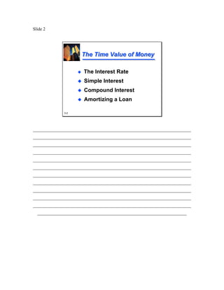 Slide 2




                      The Time Value of Money

                       The Interest Rate
                       Simple Interest
                       Compound Interest
                       Amortizing a Loan

              3-2




________________________________________________________________________
________________________________________________________________________
________________________________________________________________________
________________________________________________________________________
________________________________________________________________________
________________________________________________________________________
________________________________________________________________________
________________________________________________________________________
________________________________________________________________________
________________________________________________________________________
________________________________________________________________________
  ____________________________________________________________________
 
