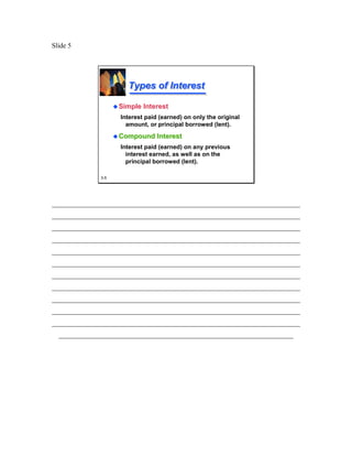 Slide 5




                      Types of Interest

                    Simple Interest
                    Interest paid (earned) on only the original
                      amount, or principal borrowed (lent).
                    Compound Interest
                    Interest paid (earned) on any previous
                      interest earned, as well as on the
                      principal borrowed (lent).

              3-5




________________________________________________________________________
________________________________________________________________________
________________________________________________________________________
________________________________________________________________________
________________________________________________________________________
________________________________________________________________________
________________________________________________________________________
________________________________________________________________________
________________________________________________________________________
________________________________________________________________________
________________________________________________________________________
  ____________________________________________________________________
 