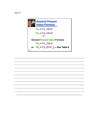 Slide 23



                          General Present
                          Value Formula
                          PV0 = FV1 / (1+i)1
                          PV0 = FV2 / (1+i)2
                                 etc.

                     General Present Value Formula:
                          PV0 = FVn / (1+i)n
                     or   PV0 = FVn (PVIFi,n) -- See Table II
              3-23




________________________________________________________________________
________________________________________________________________________
________________________________________________________________________
________________________________________________________________________
________________________________________________________________________
________________________________________________________________________
________________________________________________________________________
________________________________________________________________________
________________________________________________________________________
________________________________________________________________________
________________________________________________________________________
  ____________________________________________________________________
 