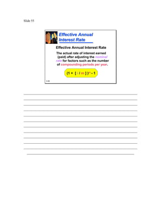Slide 55



                      Effective Annual
                      Interest Rate
                     Effective Annual Interest Rate
                     The actual rate of interest earned
                      (paid) after adjusting the nominal
                     rate for factors such as the number
                      of compounding periods per year.

                            (1 + [ i / m ] )m - 1

              3-55




________________________________________________________________________
________________________________________________________________________
________________________________________________________________________
________________________________________________________________________
________________________________________________________________________
________________________________________________________________________
________________________________________________________________________
________________________________________________________________________
________________________________________________________________________
________________________________________________________________________
________________________________________________________________________
  ____________________________________________________________________
 