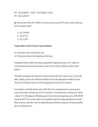 PV = Rs 20,000/(1 + 0.04) 5 = Rs 20,000/1.21665
PV = Rs 16,438.54


Q. If you want to have Rs 10,000 in 3 years and you can earn 8%, how much would you
have to deposit today?


       Rs 7938.00
       Rs 25,771
       Rs 12,597


Using Tables to Solve Future Value Problems


A-1 for future value at the end of n yrs
A-3 for present value at the beginning of the year


Compound Interest tables have been calculated by figuring out the (1+I) n values for
various time periods and interest rates. Look at Time Value of Money Future Value
Factors.


This table summarizes the factors for various interest rates for various years. To use the
table, simply go down the left-hand column to locate the appropriate number of years.
Then go out along the top row until the appropriate interest rate is located.


For instance, to find the future value of Rs100 at 5% compound interest, look up five
years on the table, and then go out to 5% interest. At the intersection of these two values,
a factor of 1.2763 appears. Multiplying this factor times the beginning value of Rs100.00
results in Rs127.63, exactly what was calculated using the Compound Interest Formula.
Note, however, that there may be slight differences between using the formula and tables
due to rounding errors.
 