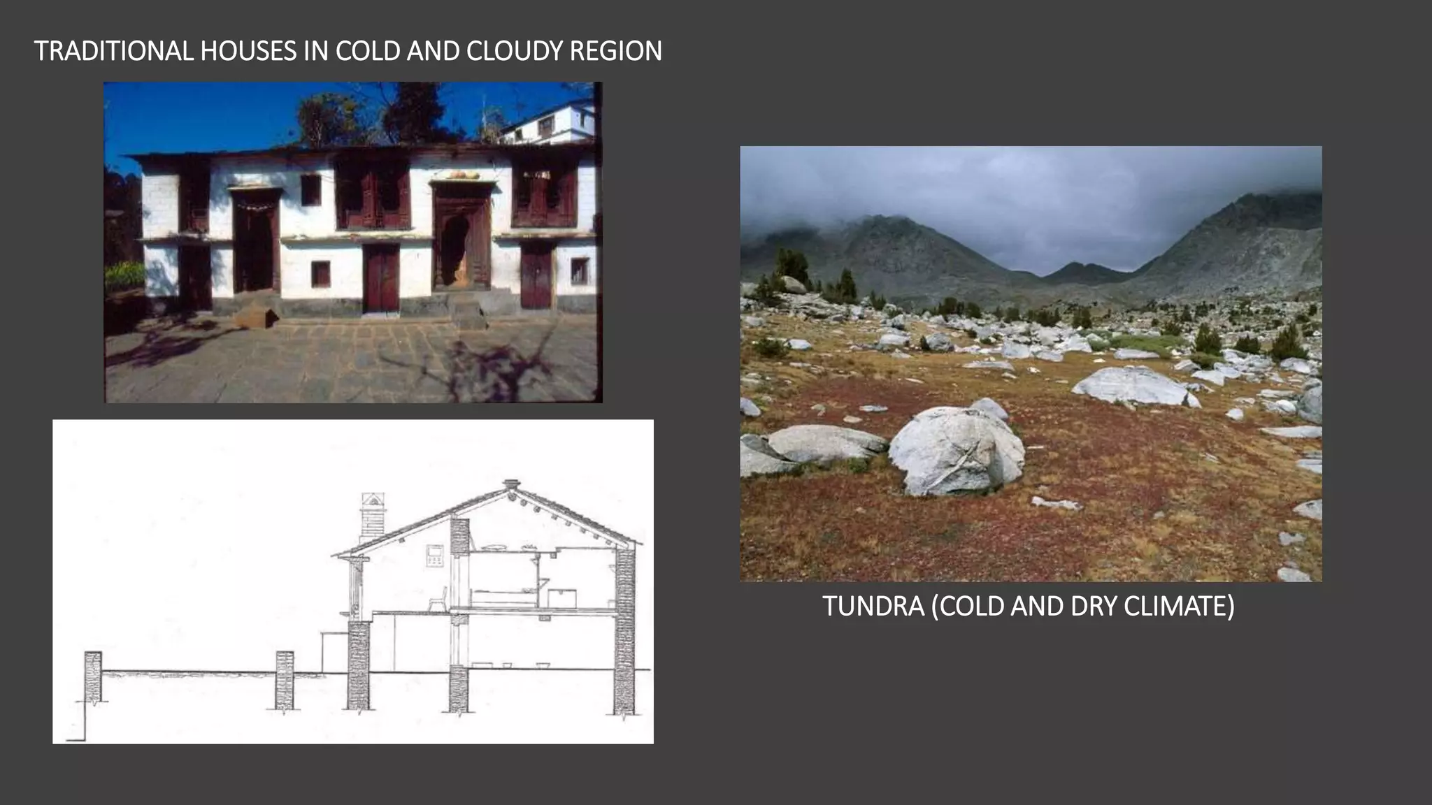 TRADITIONAL HOUSES IN COLD AND CLOUDY REGION
TUNDRA (COLD AND DRY CLIMATE)
 