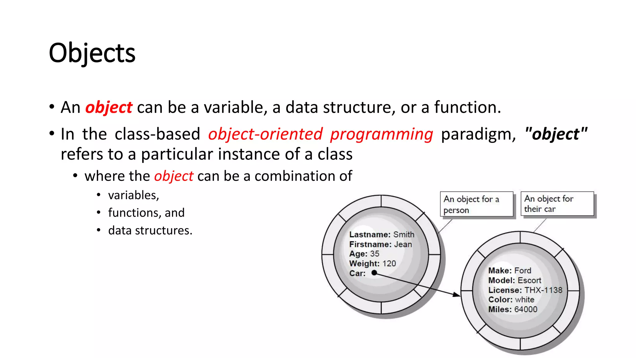 Objects
• An object can be a variable, a data structure, or a function.
• In the class-based object-oriented programming paradigm, "object"
refers to a particular instance of a class
• where the object can be a combination of
• variables,
• functions, and
• data structures.
 