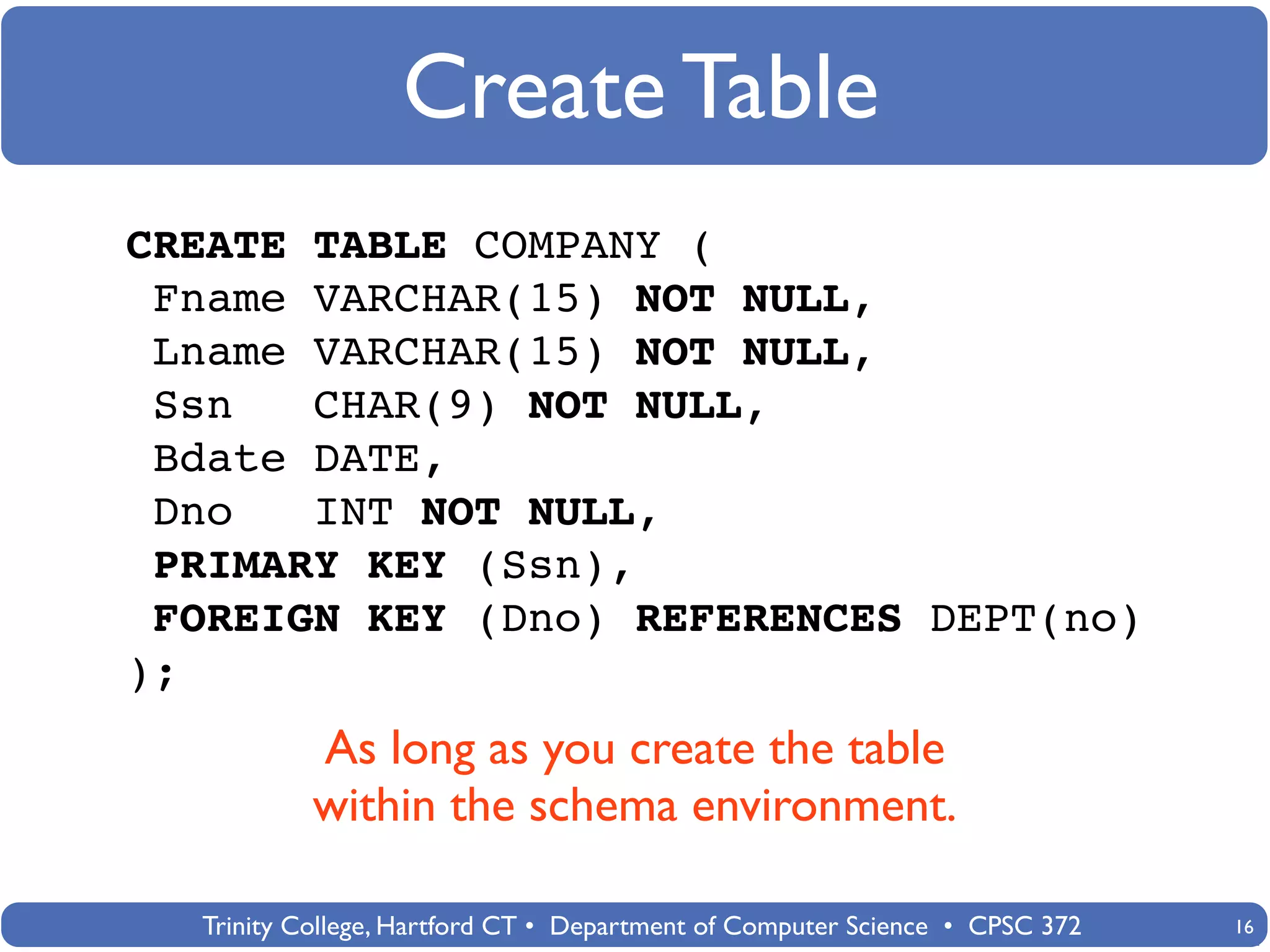 Create Table
CREATE TABLE COMPANY (
 Fname VARCHAR(15) NOT NULL,
 Lname VARCHAR(15) NOT NULL,
 Ssn   CHAR(9) NOT NULL,
 Bdate DATE,
 Dno   INT NOT NULL,
 PRIMARY KEY (Ssn),
 FOREIGN KEY (Dno) REFERENCES DEPT(no)
);
           As long as you create the table
           within the schema environment.

  Trinity College, Hartford CT • Department of Computer Science • CPSC 372   16
 