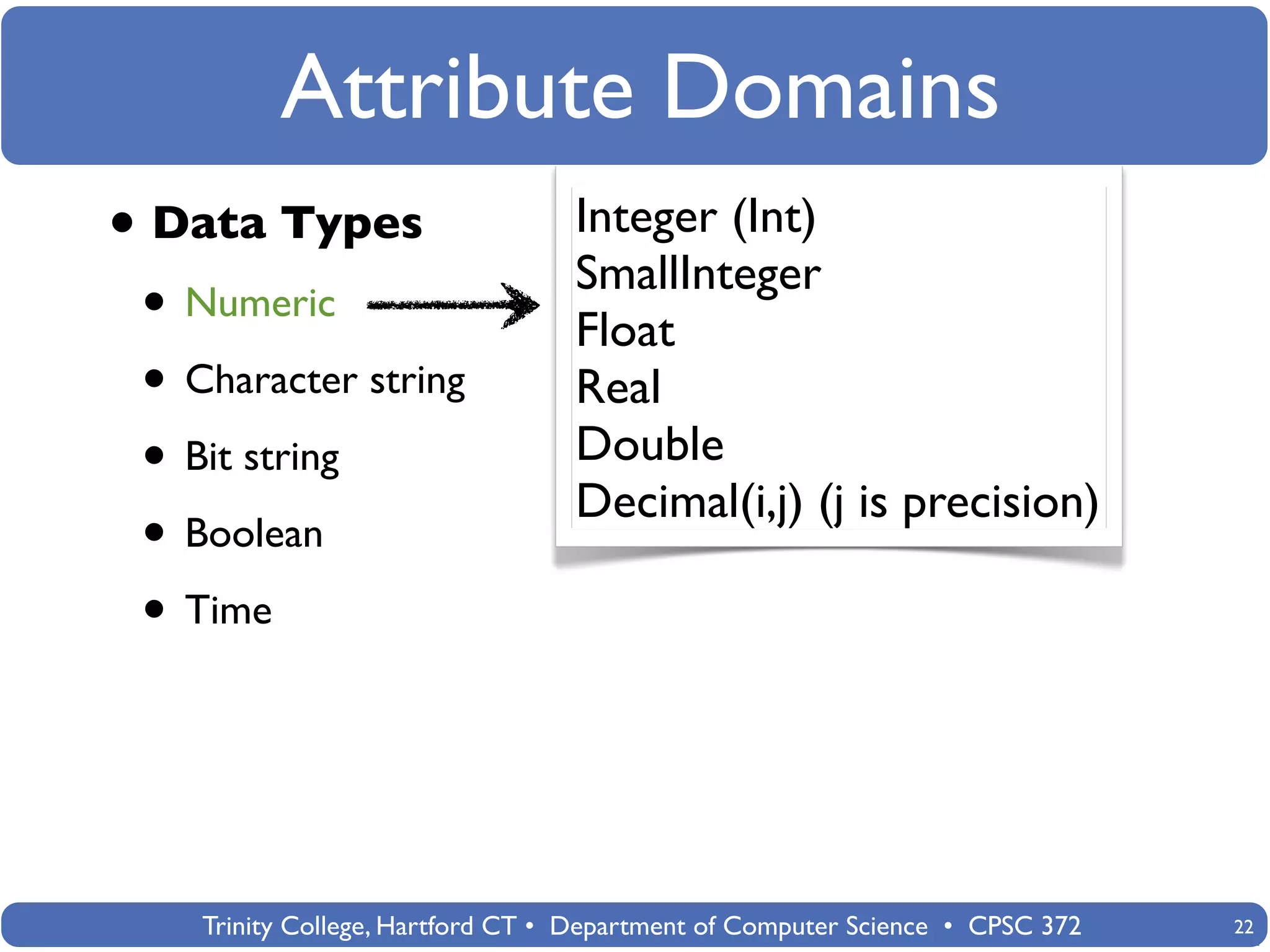 Attribute Domains
•   Data Types                       Integer (Int)
                                     SmallInteger
    • Numeric                        Float
    • Character string               Real
    • Bit string                     Double
                                     Decimal(i,j) (j is precision)
    • Boolean
    • Time



       Trinity College, Hartford CT • Department of Computer Science • CPSC 372   22
 