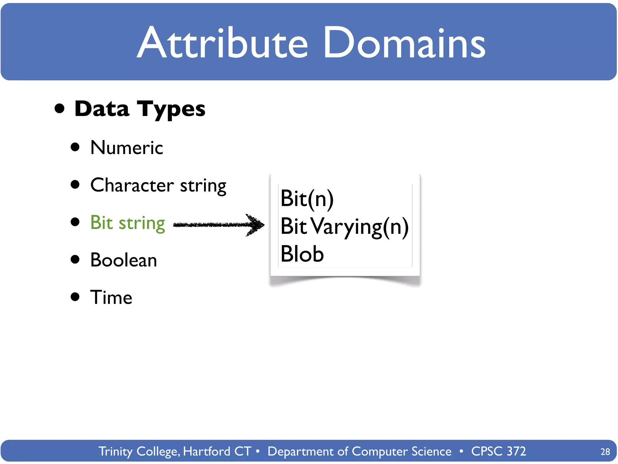 Attribute Domains
• Data Types
 • Numeric
 • Character string               Bit(n)
 • Bit string                     Bit Varying(n)
 • Boolean                        Blob
 • Time



    Trinity College, Hartford CT • Department of Computer Science • CPSC 372   28
 