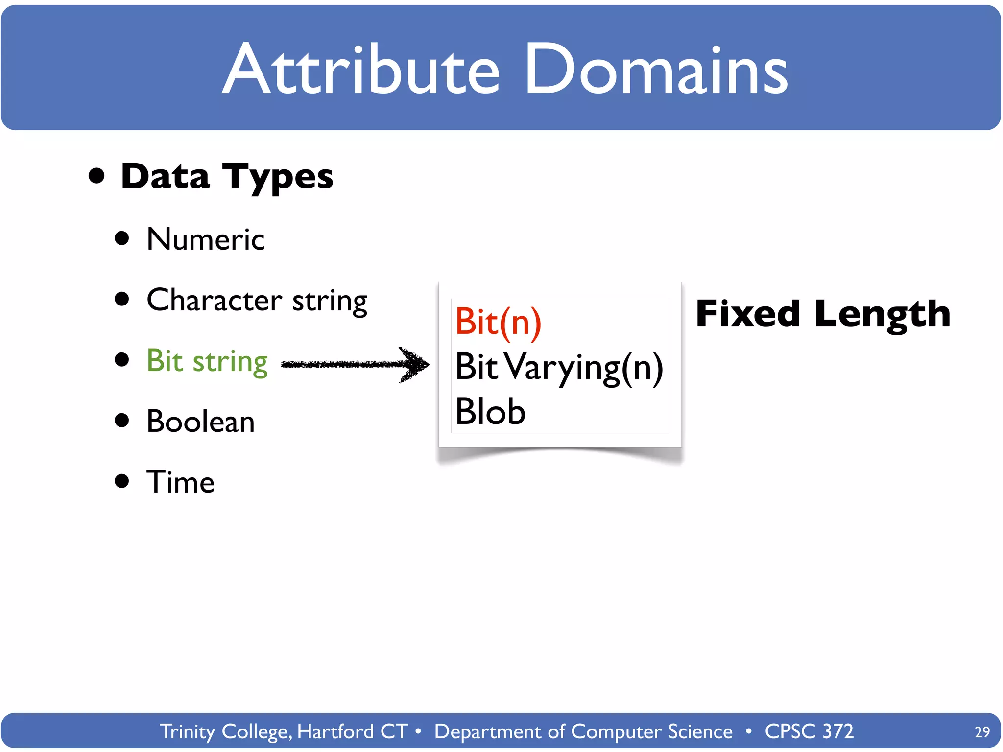 Attribute Domains
• Data Types
 • Numeric
 • Character string               Bit(n)         Fixed Length
 • Bit string                     Bit Varying(n)
 • Boolean                        Blob
 • Time



    Trinity College, Hartford CT • Department of Computer Science • CPSC 372   29
 