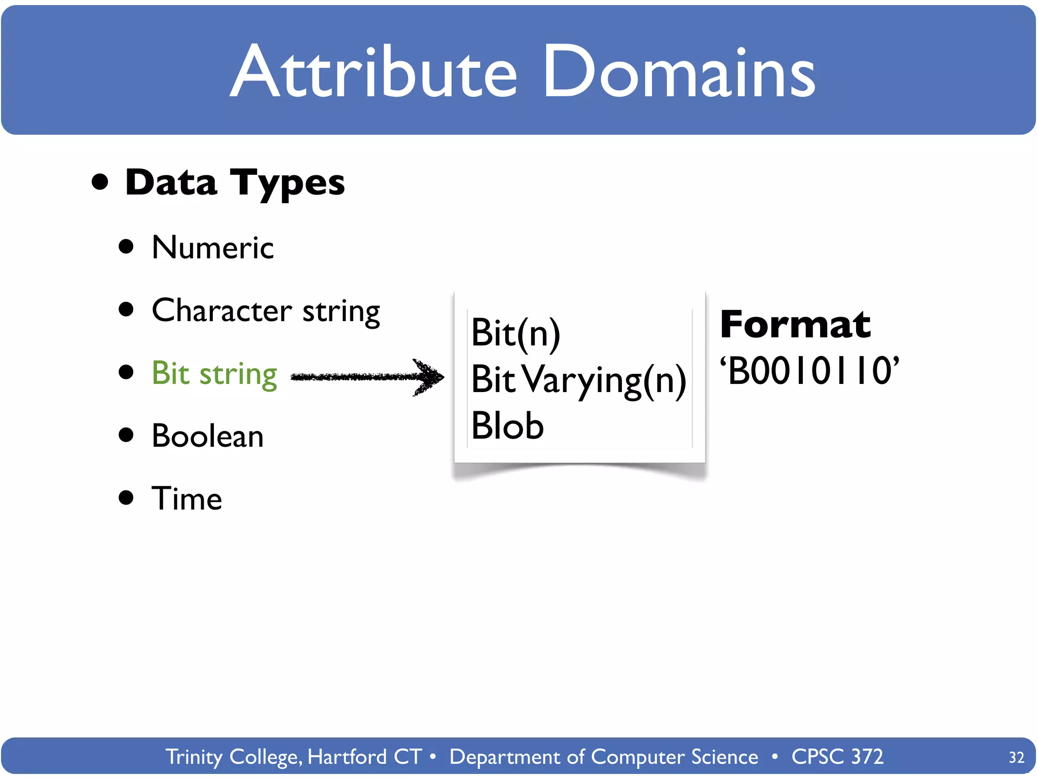 Attribute Domains
• Data Types
 • Numeric
 • Character string               Bit(n)         Format
 • Bit string                     Bit Varying(n) ‘B0010110’
 • Boolean                        Blob
 • Time



    Trinity College, Hartford CT • Department of Computer Science • CPSC 372   32
 