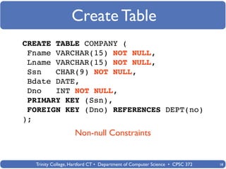 Create Table
CREATE TABLE COMPANY (
 Fname VARCHAR(15) NOT NULL,
 Lname VARCHAR(15) NOT NULL,
 Ssn   CHAR(9) NOT NULL,
 Bdate DATE,
 Dno   INT NOT NULL,
 PRIMARY KEY (Ssn),
 FOREIGN KEY (Dno) REFERENCES DEPT(no)
);
                   Non-null Constraints


  Trinity College, Hartford CT • Department of Computer Science • CPSC 372   18
 
