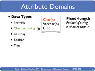 Attribute Domains
• Data Types                      Char(n)                   Fixed-length
 • Numeric                        Varchar(n)                Padded if string
                                                            is shorter than n
 • Character string               Clob
 • Bit string
 • Boolean
 • Time



    Trinity College, Hartford CT • Department of Computer Science • CPSC 372    24
 