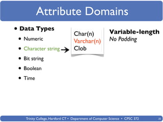 Attribute Domains
• Data Types                      Char(n)                Variable-length
 • Numeric                        Varchar(n)             No Padding
 • Character string               Clob
 • Bit string
 • Boolean
 • Time



    Trinity College, Hartford CT • Department of Computer Science • CPSC 372   25
 