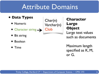 Attribute Domains
• Data Types                      Char(n)                Character
 • Numeric                        Varchar(n)             Large
 • Character string               Clob                   Object
                                                         Large text values
 • Bit string                                            such as documents
 • Boolean
                                                         Maximum length
 • Time                                                  speciﬁed as K, M,
                                                         or G.



    Trinity College, Hartford CT • Department of Computer Science • CPSC 372   26
 