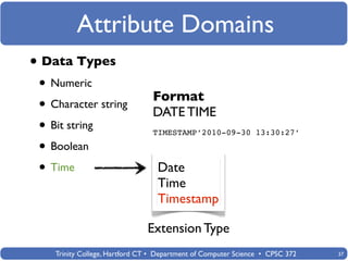 Attribute Domains
• Data Types
 • Numeric
                                 Format
 • Character string              DATE TIME
 • Bit string                    TIMESTAMP’2010-09-30 13:30:27’

 • Boolean
 • Time                           Date
                                  Time
                                  Timestamp

                               Extension Type
    Trinity College, Hartford CT • Department of Computer Science • CPSC 372   37
 