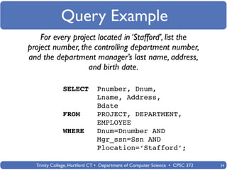 Query Example
    For every project located in ‘Stafford’, list the
project number, the controlling department number,
and the department manager’s last name, address,
                   and birth date.

              SELECT         Pnumber, Dnum,
                             Lname, Address,
                             Bdate
              FROM           PROJECT, DEPARTMENT,
                             EMPLOYEE
              WHERE          Dnum=Dnumber AND
                             Mgr_ssn=Ssn AND
                             Plocation=‘Stafford’;

  Trinity College, Hartford CT • Department of Computer Science • CPSC 372   54
 