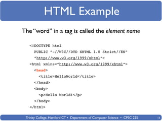 HTML Example
The “word” in a tag is called the element name

   <!DOCTYPE html
      PUBLIC “-//W3C//DTD XHTML 1.0 Strict//EN”
      “http://www.w3.org/1999/xhtml”>
   <html xmlns=”http://www.w3.org/1999/xhtml”>
      <head>
         <title>HelloWorld</title>
      </head>
      <body>
         <p>Hello World!</p>
      </body>
   </html>

 Trinity College, Hartford CT • Department of Computer Science • CPSC 225   13
 