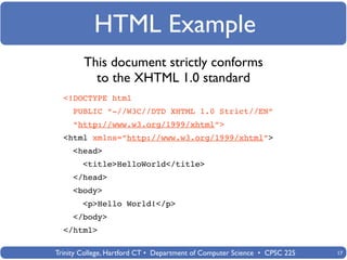 HTML Example
        This document strictly conforms
          to the XHTML 1.0 standard
  <!DOCTYPE html
     PUBLIC “-//W3C//DTD XHTML 1.0 Strict//EN”
     “http://www.w3.org/1999/xhtml”>
  <html xmlns=”http://www.w3.org/1999/xhtml”>
     <head>
        <title>HelloWorld</title>
     </head>
     <body>
        <p>Hello World!</p>
     </body>
  </html>

Trinity College, Hartford CT • Department of Computer Science • CPSC 225   17
 
