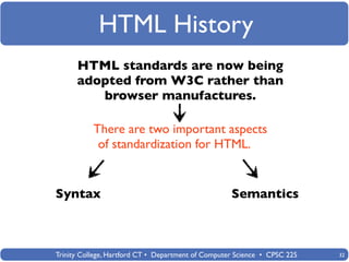 HTML History
      HTML standards are now being
      adopted from W3C rather than
         browser manufactures.

           There are two important aspects
            of standardization for HTML.


Syntax                                              Semantics



Trinity College, Hartford CT • Department of Computer Science • CPSC 225   32
 