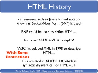 HTML History
      For languages such as Java, a formal notation
      known as Backus-Naur Form (BNF) is used.

            BNF could be used to deﬁne HTML...

              Turns out SGML is VERY complex!

     W3C introduced XML in 1998 to describe
With Some          HTML...
Restrictions
        This resulted in XHTML 1.0, which is
         syntactically identical to HTML 4.01
      Trinity College, Hartford CT • Department of Computer Science • CPSC 225   45
 