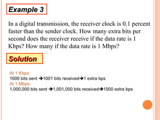 Example 3
In a digital transmission, the receiver clock is 0.1 percent
faster than the sender clock. How many extra bits per
second does the receiver receive if the data rate is 1
Kbps? How many if the data rate is 1 Mbps?

Solution
At 1 Kbps:
1000 bits sent 1001 bits received1 extra bps
At 1 Mbps:
1,000,000 bits sent 1,001,000 bits received1000 extra bps
 