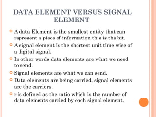DATA ELEMENT VERSUS SIGNAL
             ELEMENT
 A data Element is the smallest entity that can
  represent a piece of information this is the bit.
 A signal element is the shortest unit time wise of
  a digital signal.
 In other words data elements are what we need
  to send.
 Signal elements are what we can send.

 Data elements are being carried, signal elements
  are the carriers.
 r is defined as the ratio which is the number of
  data elements carried by each signal element.
 