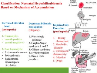 Classification Neonatal Hyperbilirubinemia
Based on Mechanism of Accumulation
Increased bilirubin
load
(prehepatic)
1. Haemolytic-
• coomb positive
• coomb negative:-
2. Non haemolytic
• Extravascular source
• Polycythemia
• Exaggerated
enterohepatic
circulation
Decreased bilirubin
conjugation
(Hepatic)
1. Physiologic
jaundice
2. Crigler-Najjar
syndrome 1 and 2
3. Gilbert syndrome
4. Hypothyroidism
5. Breast milk
jaundice
Impaired bilirubin
Excretion
(post hepatic)
1. Biliary
obstruction:
2. Metabolic
disorder
3. Chromosomal
abnormality:
4. Infection
5. Drugs
 