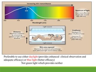 Preferable to use either daylight (provides enhanced clinical observation and
adequate efficacy) or blue light (better efficacy)
Not green light which provides neither
 