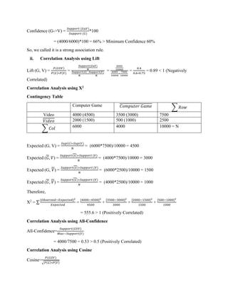 Confidence (G->V) =
𝑆𝑢𝑝𝑝𝑜𝑟𝑡 (𝐺𝑢𝑉)
𝑆𝑢𝑝𝑝𝑜𝑟𝑡 (𝐺)
*100
= (4000/6000)*100 = 66% > Minimum Confidence 60%
So, we called it is a strong association rule.
ii. Correlation Analysis using Lift
Lift (G, V) =
𝑃(𝐺𝑈𝑉)
𝑃(𝐺)∗𝑃(𝑉)
=
𝑆𝑢𝑝𝑝𝑜𝑟𝑡(𝐺𝑢𝑉)
𝑁
𝑆𝑢𝑝𝑝𝑜𝑟𝑡(𝐺)
𝑁
∗
𝑆𝑢𝑝𝑝𝑜𝑟𝑡(𝑉)
𝑁
=
4000
10000
6000
10000
∗
7500
10000
=
0.4
0.6∗0.75
= 0.89 < 1 (Negatively
Correlated)
Correlation Analysis using Χ2
Contingency Table
Computer Game 𝐶𝑜𝑚𝑝𝑢𝑡𝑒𝑟 𝐺𝑎𝑚𝑒 ∑ 𝑅𝑜𝑤
Video 4000 (4500) 3500 (3000) 7500
𝑉𝑖𝑑𝑒𝑜 2000 (1500) 500 (1000) 2500
∑ 𝐶𝑜𝑙 6000 4000 10000 = N
Expected (G, V) =
𝑆𝑢𝑝(𝐺)∗𝑆𝑢𝑝(𝑉)
𝑁
= (6000*7500)/10000 = 4500
Expected (𝐺, 𝑉) =
𝑆𝑢𝑝𝑝𝑜𝑟𝑡(𝐺)∗𝑆𝑢𝑝𝑝𝑜𝑟𝑡 (𝑉)
𝑁
= (4000*7500)/10000 = 3000
Expected (G, 𝑉) =
𝑆𝑢𝑝𝑝𝑜𝑟𝑡(𝐺)∗𝑆𝑢𝑝𝑝𝑜𝑟𝑡 (𝑉)
𝑁
= (6000*2500)/10000 = 1500
Expected (𝐺, 𝑉) =
𝑆𝑢𝑝𝑝𝑜𝑟𝑡(𝐺)∗𝑆𝑢𝑝𝑝𝑜𝑟𝑡 (𝑉)
𝑁
= (4000*2500)/10000 = 1000
Therefore,
Χ2
= ∑
[𝑂𝑏𝑠𝑒𝑟𝑣𝑒𝑑−𝐸𝑥𝑝𝑒𝑐𝑡𝑒𝑑]2
𝐸𝑥𝑝𝑒𝑐𝑡𝑒𝑑
=
[4000−4500]2
4500
+
[3500−3000]2
3000
+
[2000−1500]2
1500
+
[500−1000]2
1000
= 555.6 > 1 (Positively Correlated)
Correlation Analysis using All-Confidence
All-Confidence=
𝑆𝑢𝑝𝑝𝑜𝑟𝑡(𝐺𝑈𝑉)
𝑀𝑎𝑥−𝑆𝑢𝑝𝑝𝑜𝑟𝑡(𝑉)
= 4000/7500 = 0.53 > 0.5 (Positively Correlated)
Correlation Analysis using Cosine
Cosine=
𝑃(𝐺𝑈𝑉)
√𝑃(𝐺)∗𝑃(𝑉)
 